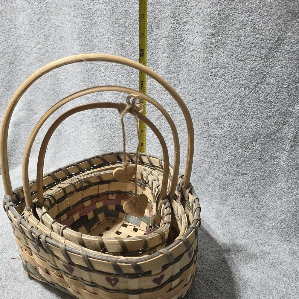 3 Heart Shaped Wicker Farmhouse Baskets with Handles Cottagecore Nesting Farm